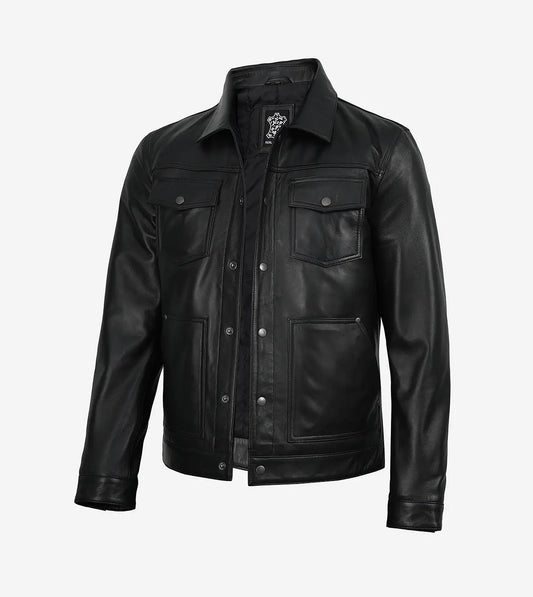 Mens Real Leather Black Utility Jacket - Trucker Style