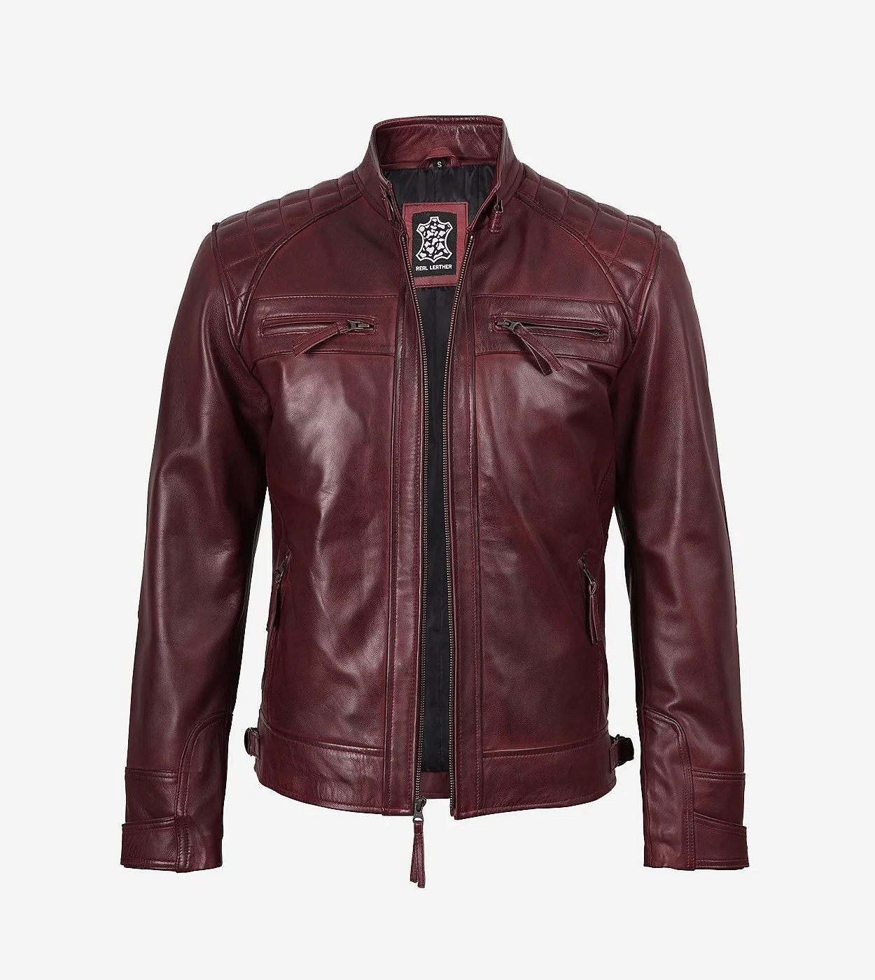 Mens Real Leather Burgundy Biker Jacket - Quilted Shoulder