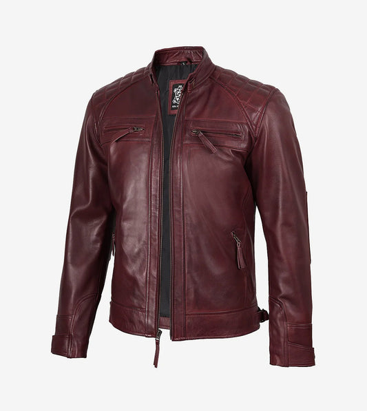 Mens Real Leather Burgundy Biker Jacket - Quilted Shoulder