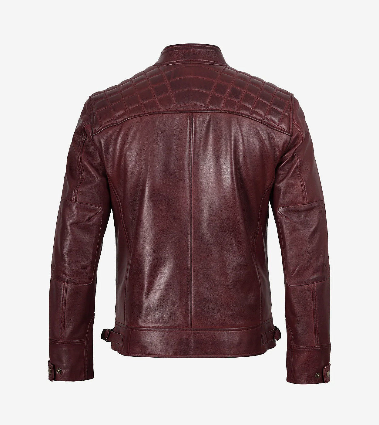 Mens Real Leather Burgundy Biker Jacket - Quilted Shoulder