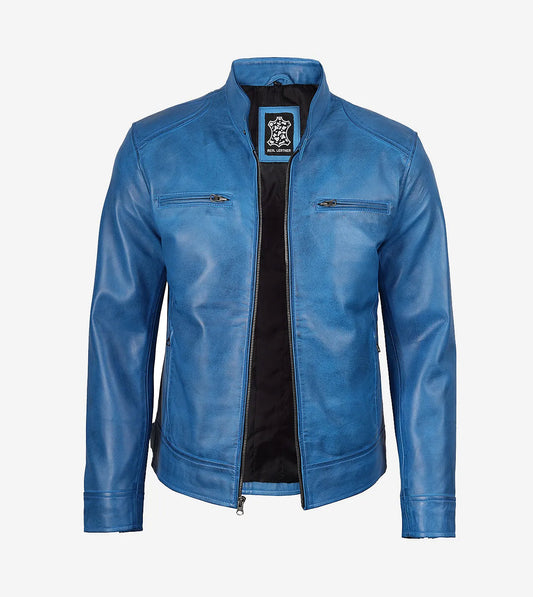 Mens Real Leather Distressed Blue Cafe Racer Jacket