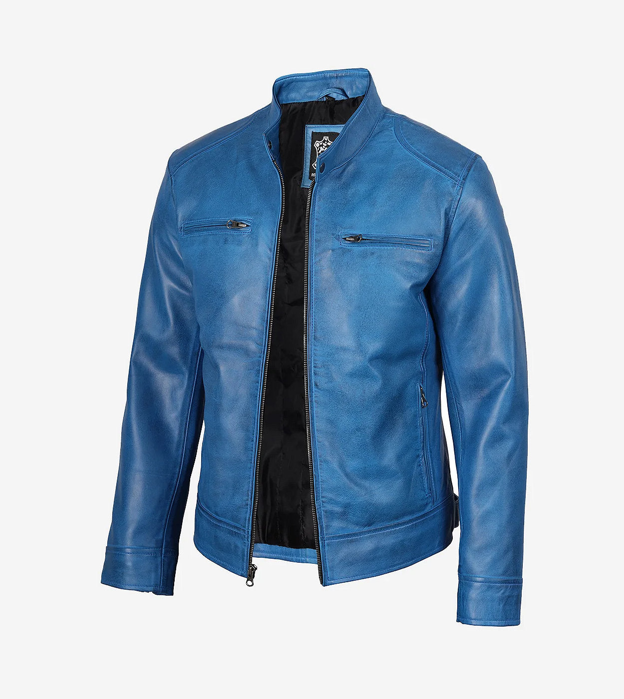 Mens Real Leather Distressed Blue Cafe Racer Jacket