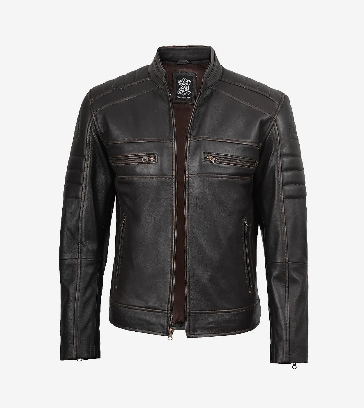 Mens Real Leather Distressed Brown Leather Biker Jacket