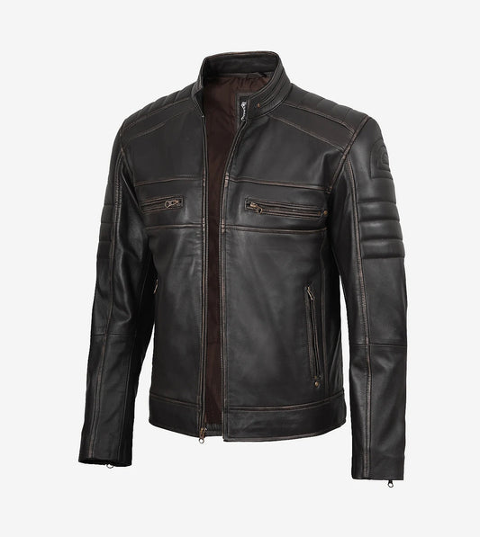 Mens Real Leather Distressed Brown Leather Biker Jacket