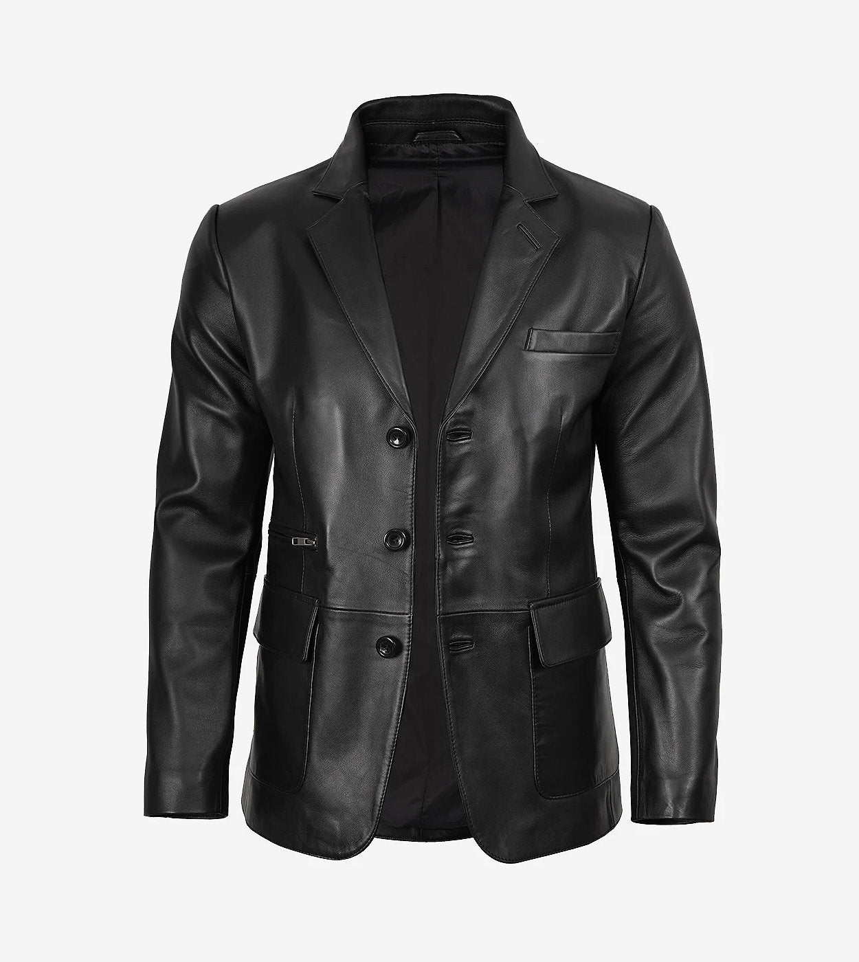 Mens Real Leather Three Button Black Blazer