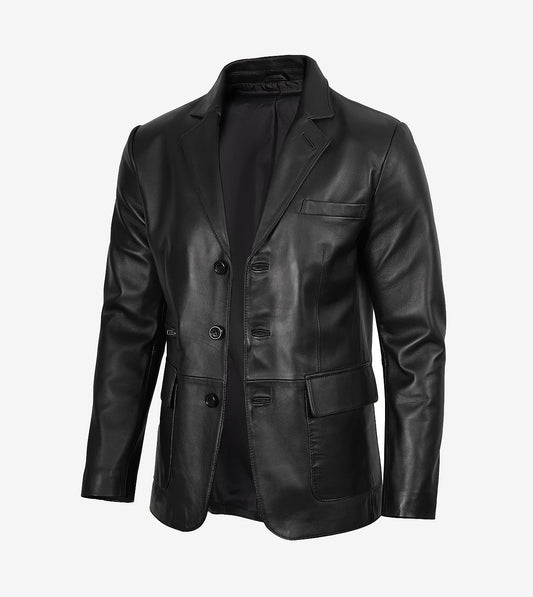 Mens Real Leather Three Button Black Blazer