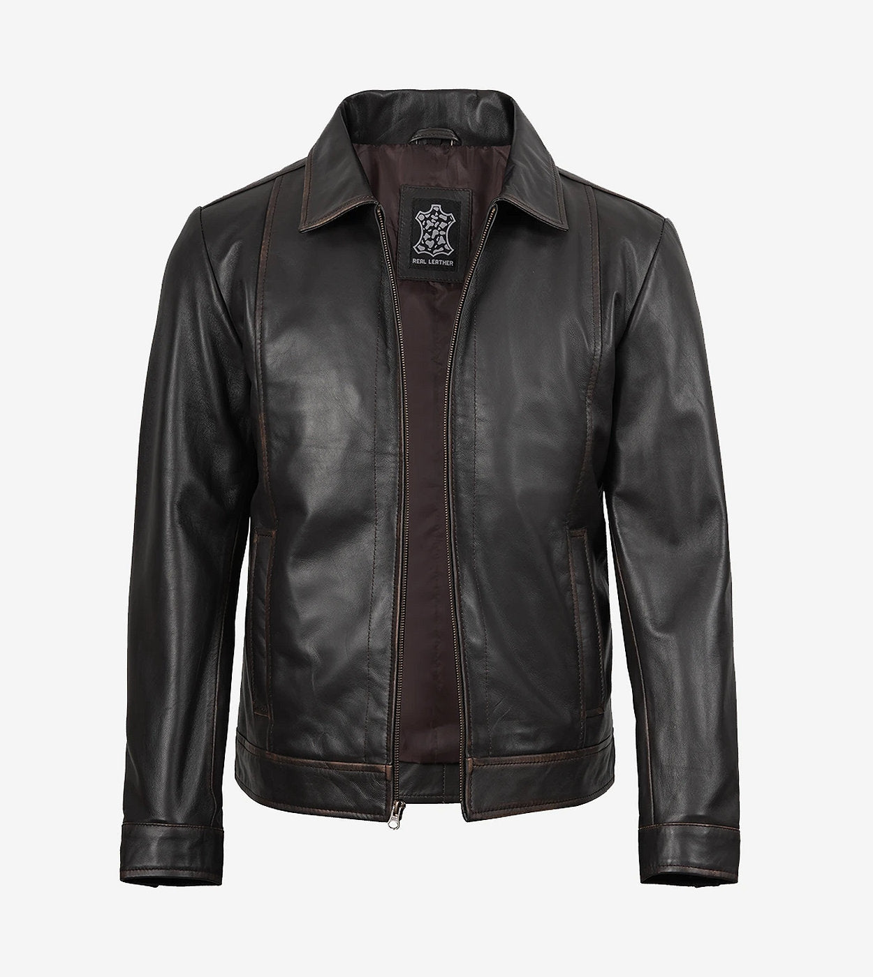 Mens Shirt Collar Classic Distressed Brown Leather Jacket