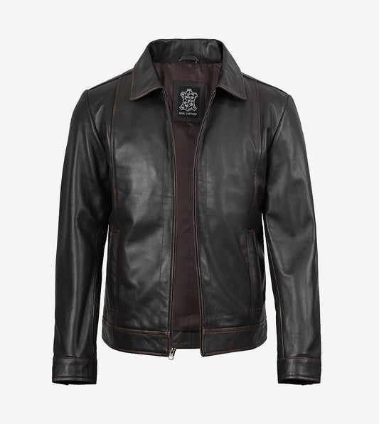 Mens Shirt Collar Classic Distressed Brown Leather Jacket