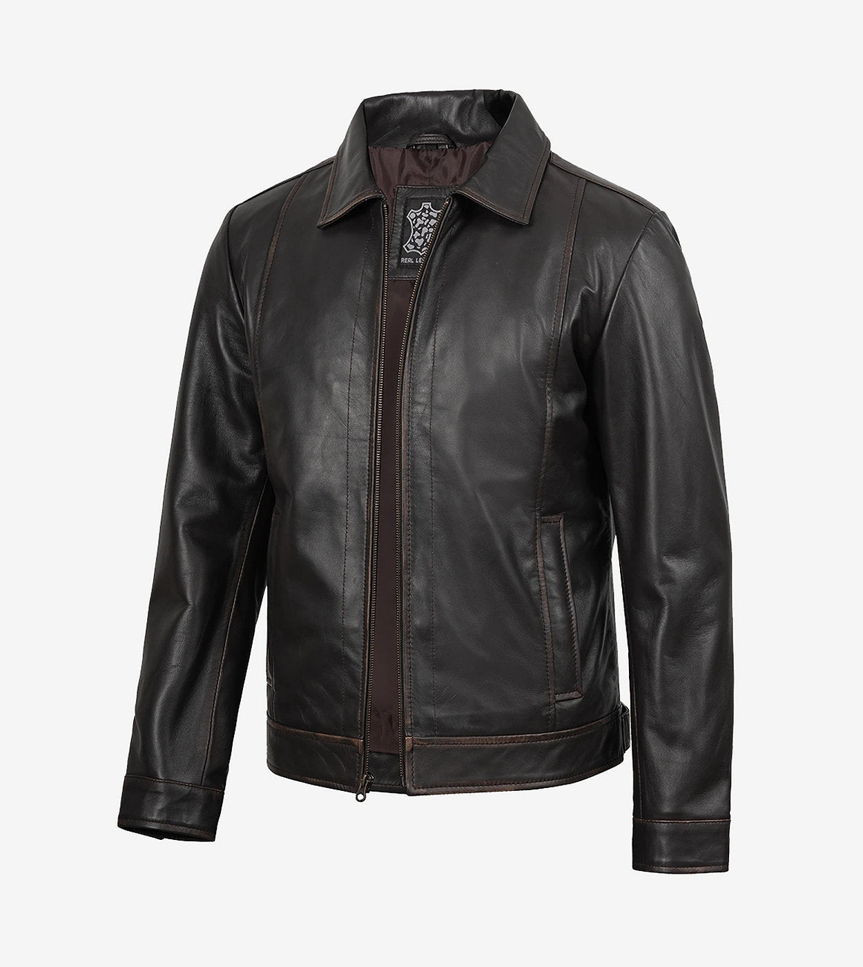 Mens Shirt Collar Classic Distressed Brown Leather Jacket