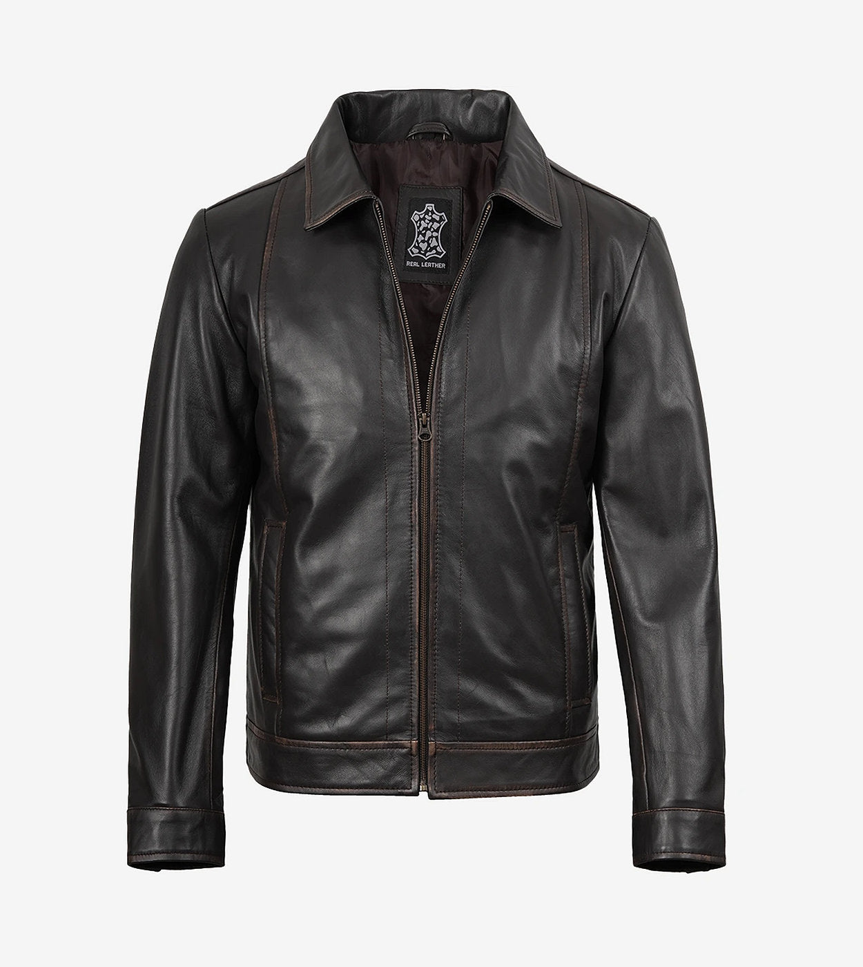 Mens Shirt Collar Classic Distressed Brown Leather Jacket