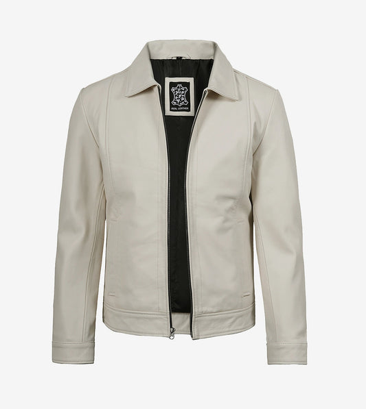 Mens Shirt Collar Off White Harrington Leather Jacket