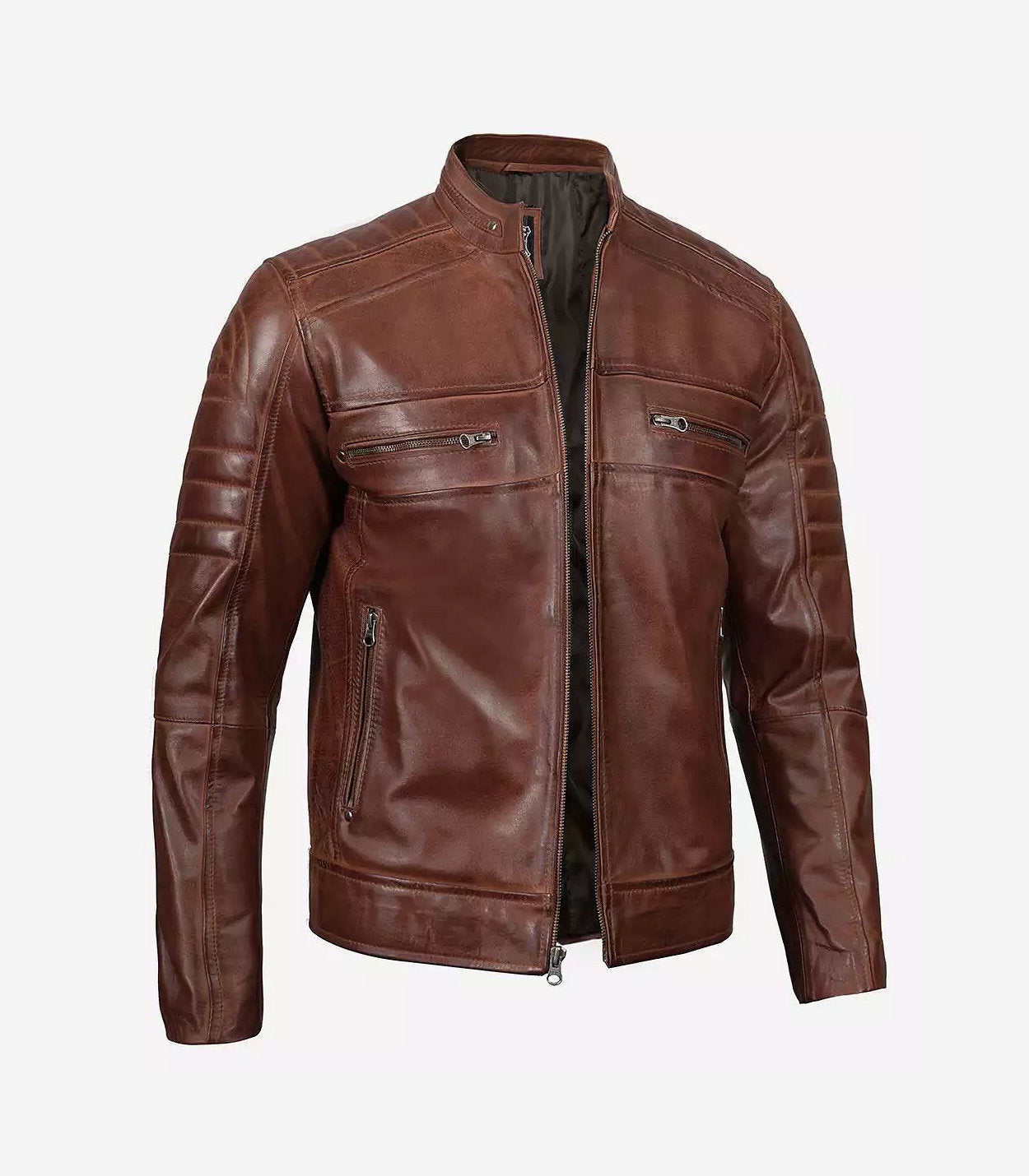 Mens Tall Perforated Cognac Waxed Cafe Racer Leather Jacket