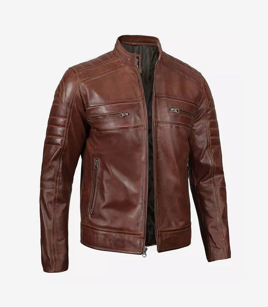 Mens Tall Perforated Cognac Waxed Cafe Racer Leather Jacket
