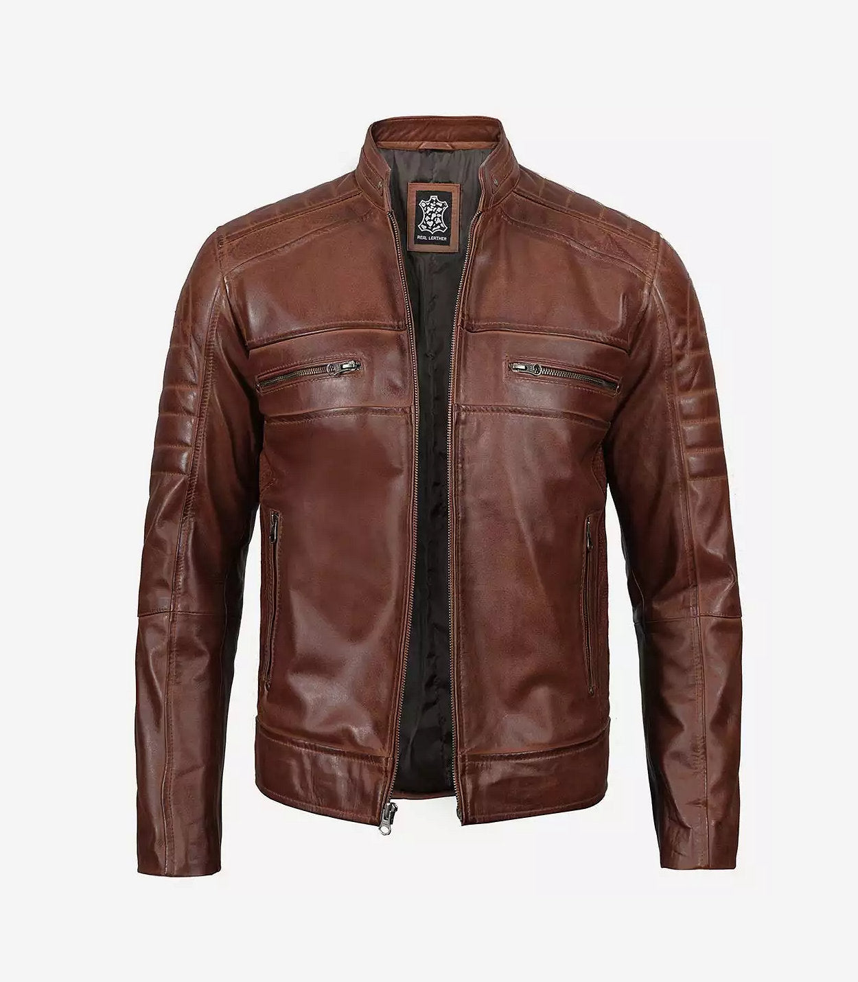 Mens Tall Perforated Cognac Waxed Cafe Racer Leather Jacket