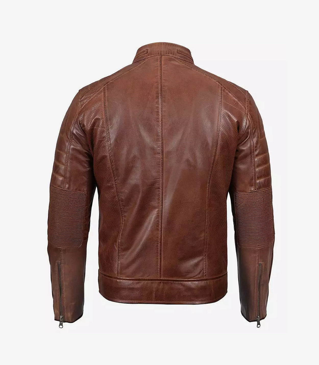 Mens Tall Perforated Cognac Waxed Cafe Racer Leather Jacket