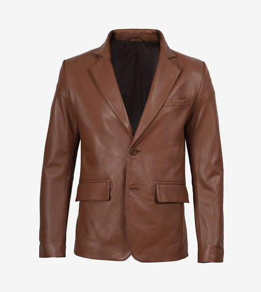 Mens Tall Two Buttons Cognac Leather Blazer