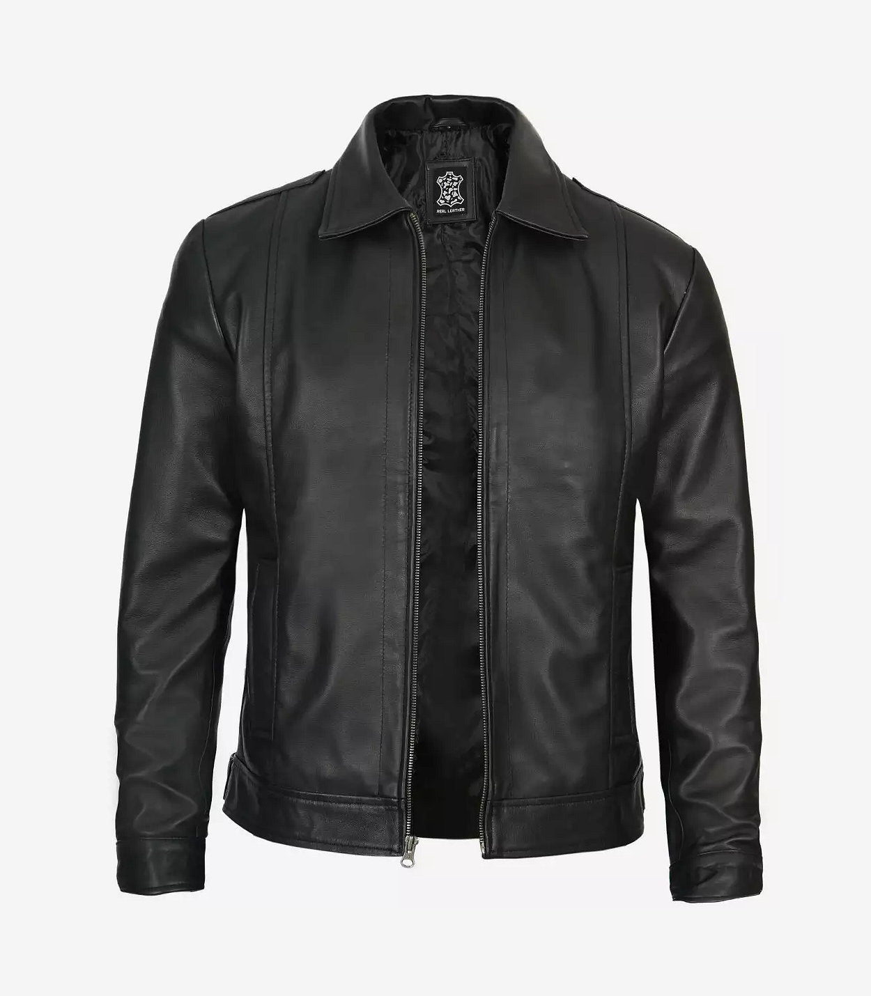 Mens Tall Vintage Shirt Collar Black Leather Jacket