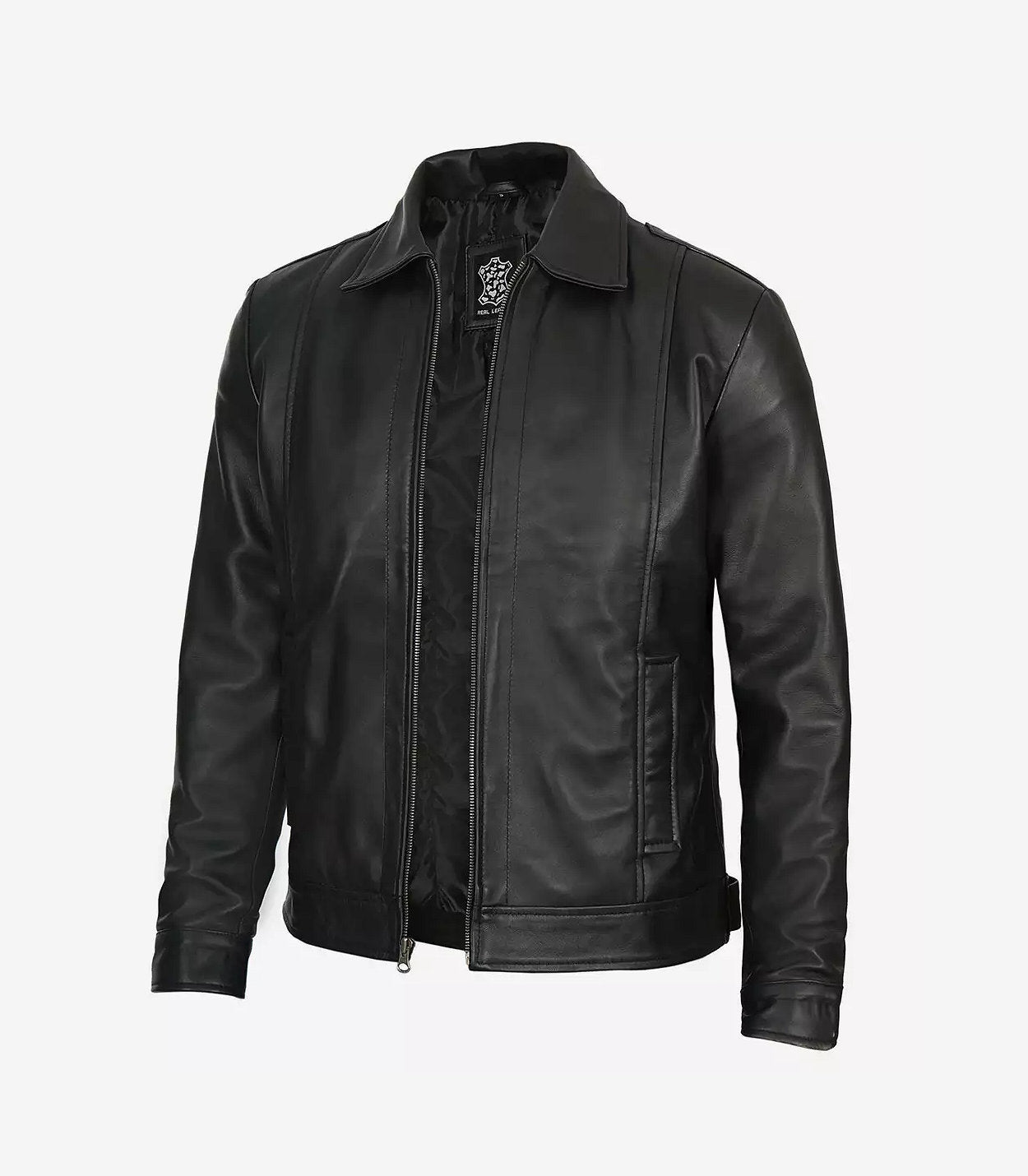 Mens Tall Vintage Shirt Collar Black Leather Jacket
