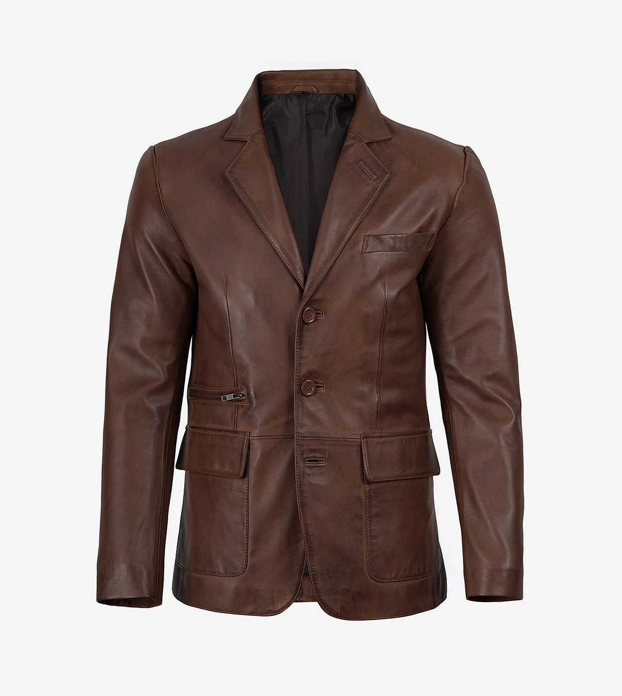 Mens Three Button Cognac Waxed Leather Blazer - Notch Lapel