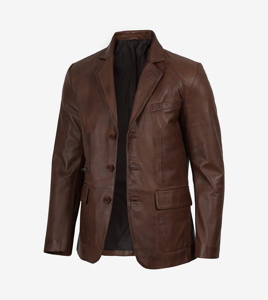 Mens Three Button Cognac Waxed Leather Blazer - Notch Lapel