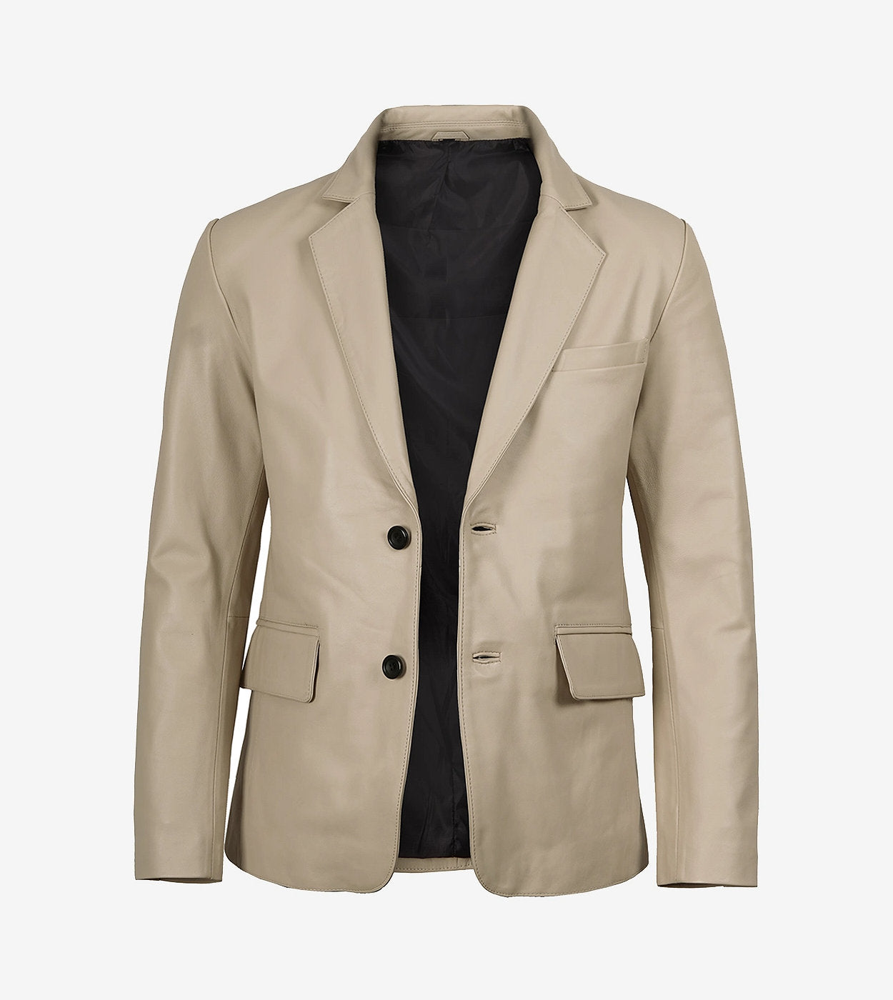 Mens Two Button Beige Leather Blazer - Notch Lapel