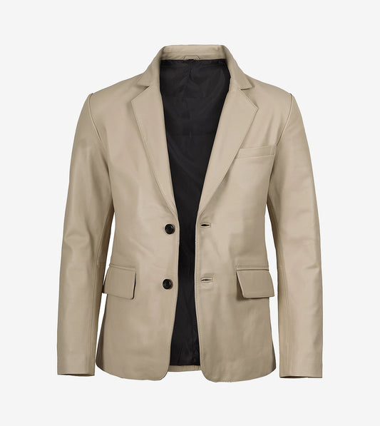 Mens Two Button Beige Leather Blazer - Notch Lapel