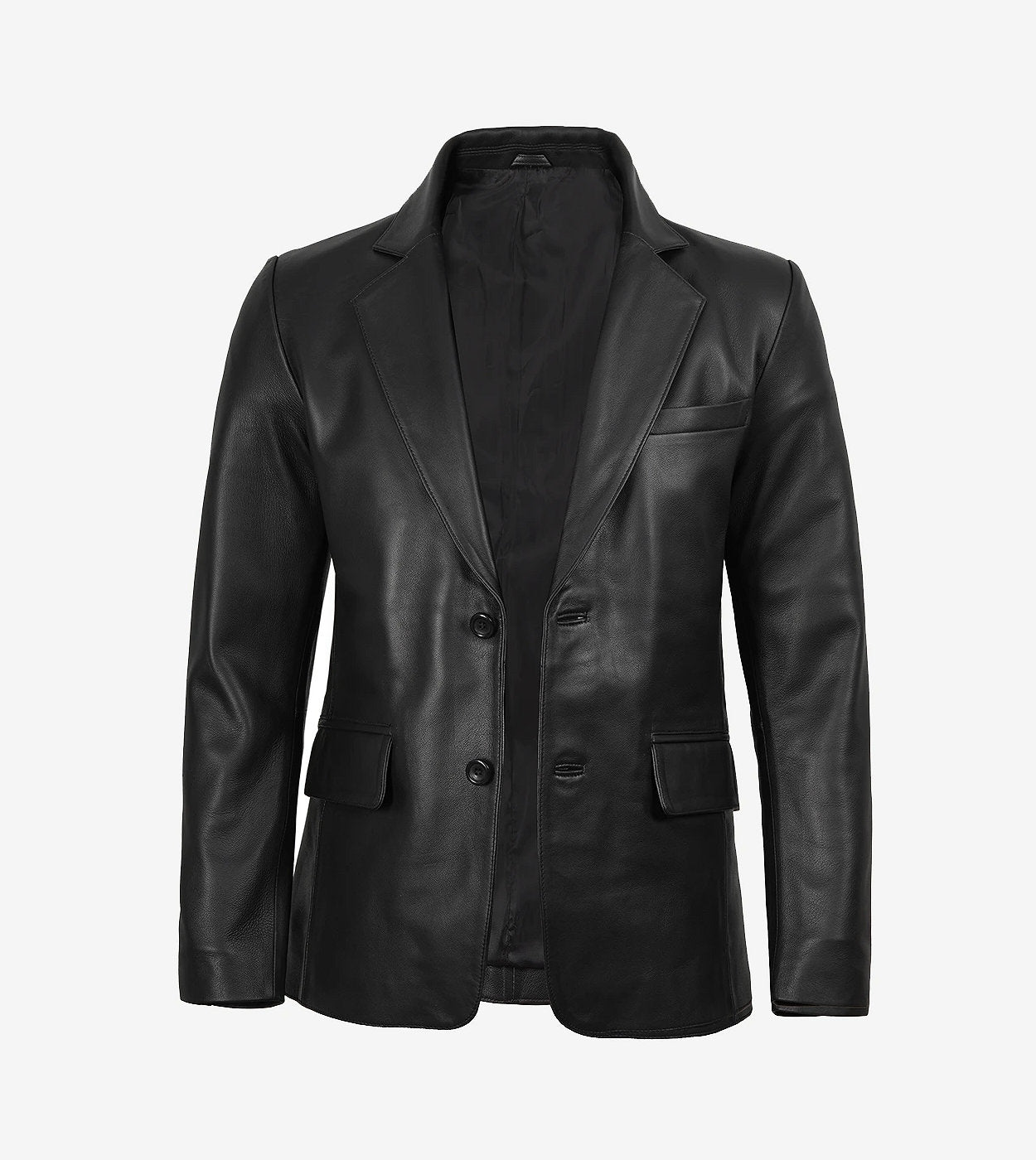 Mens Two Button Black Leather Blazer - Notch Lapel