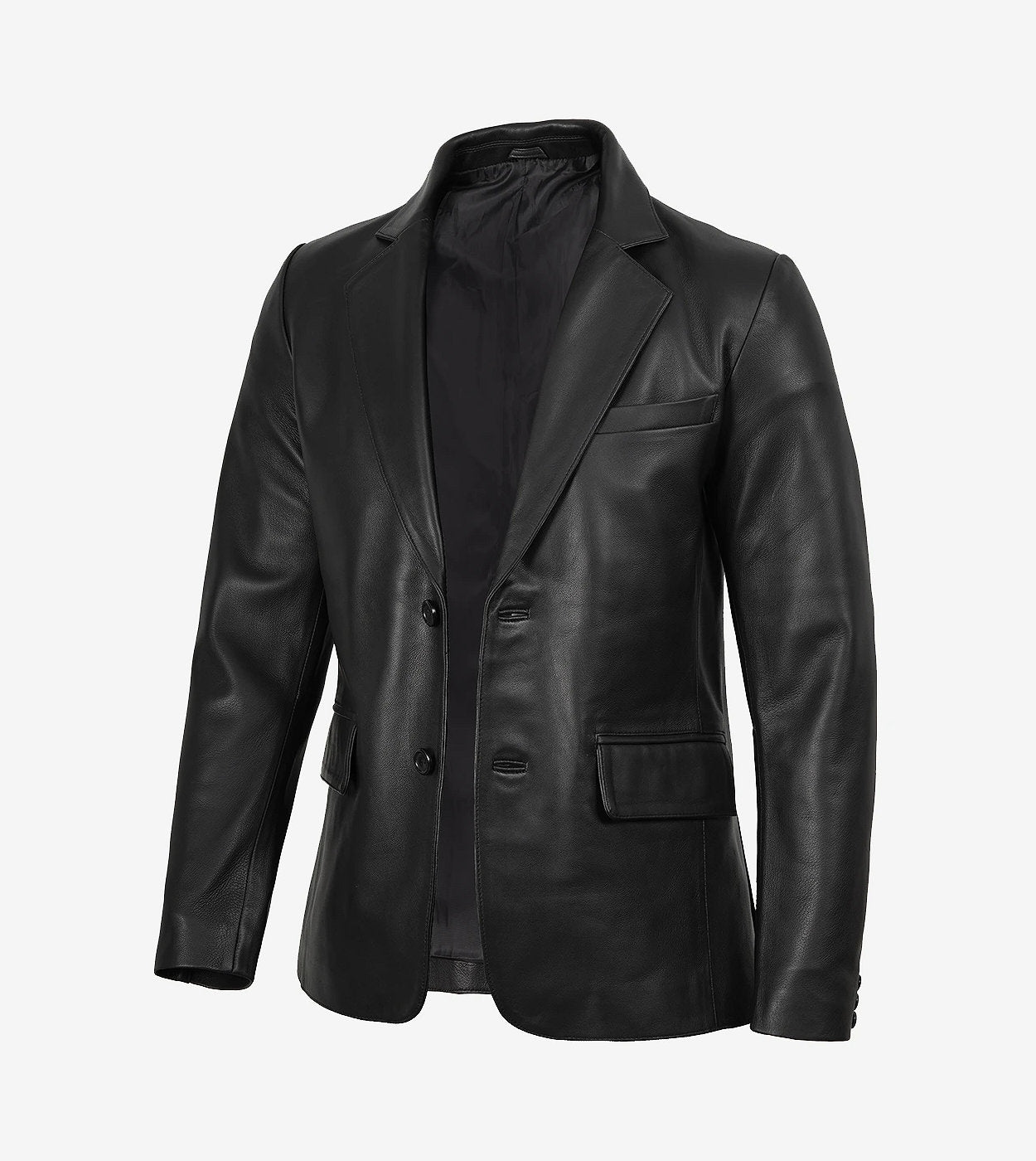 Mens Two Button Black Leather Blazer - Notch Lapel