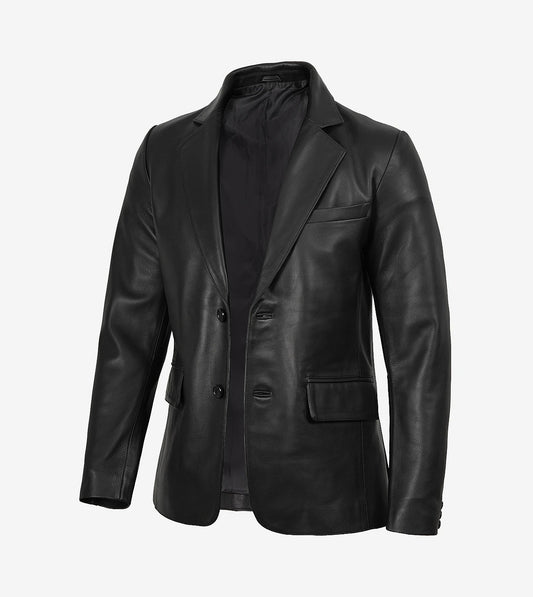 Mens Two Button Black Leather Blazer - Notch Lapel