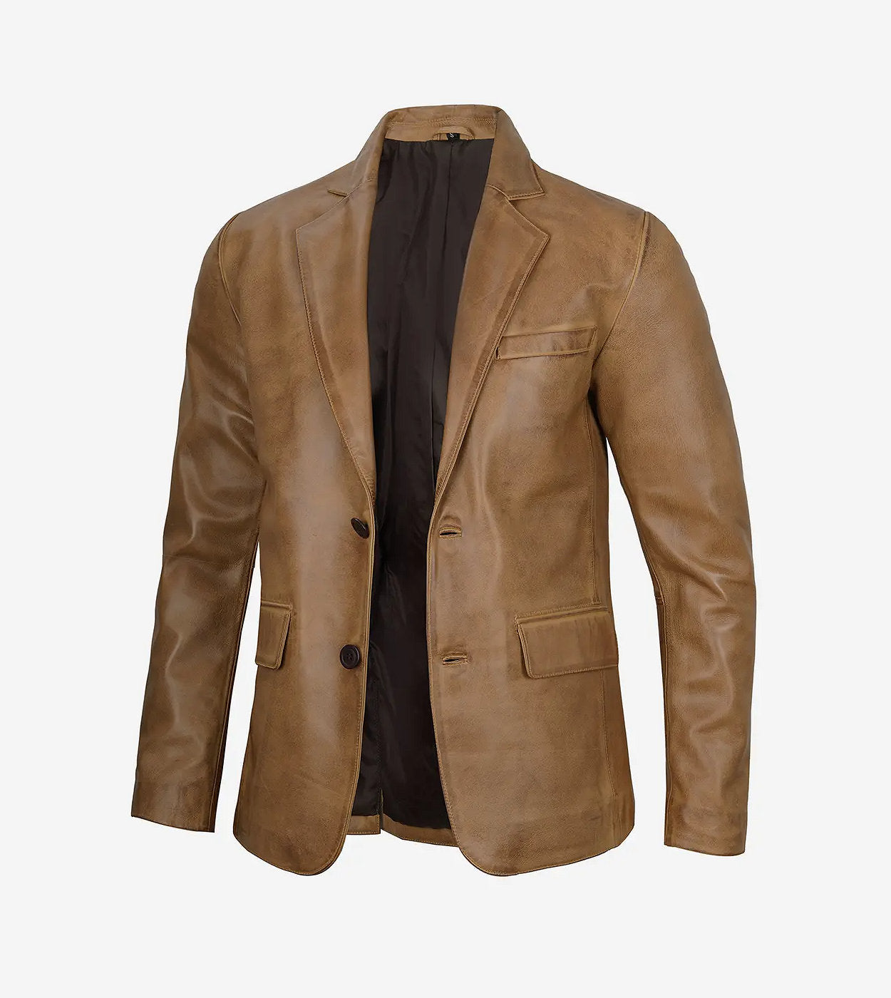 Mens Two Button Camel Brown Leather Blazer