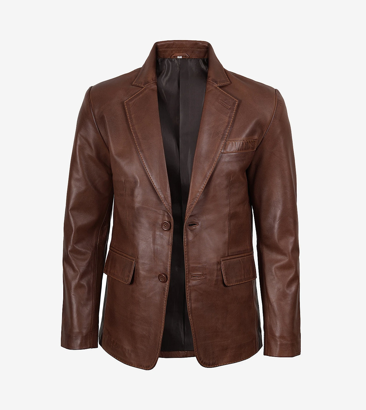 Mens Two Button Cognac Waxed Leather Blazer - Notch Lapel