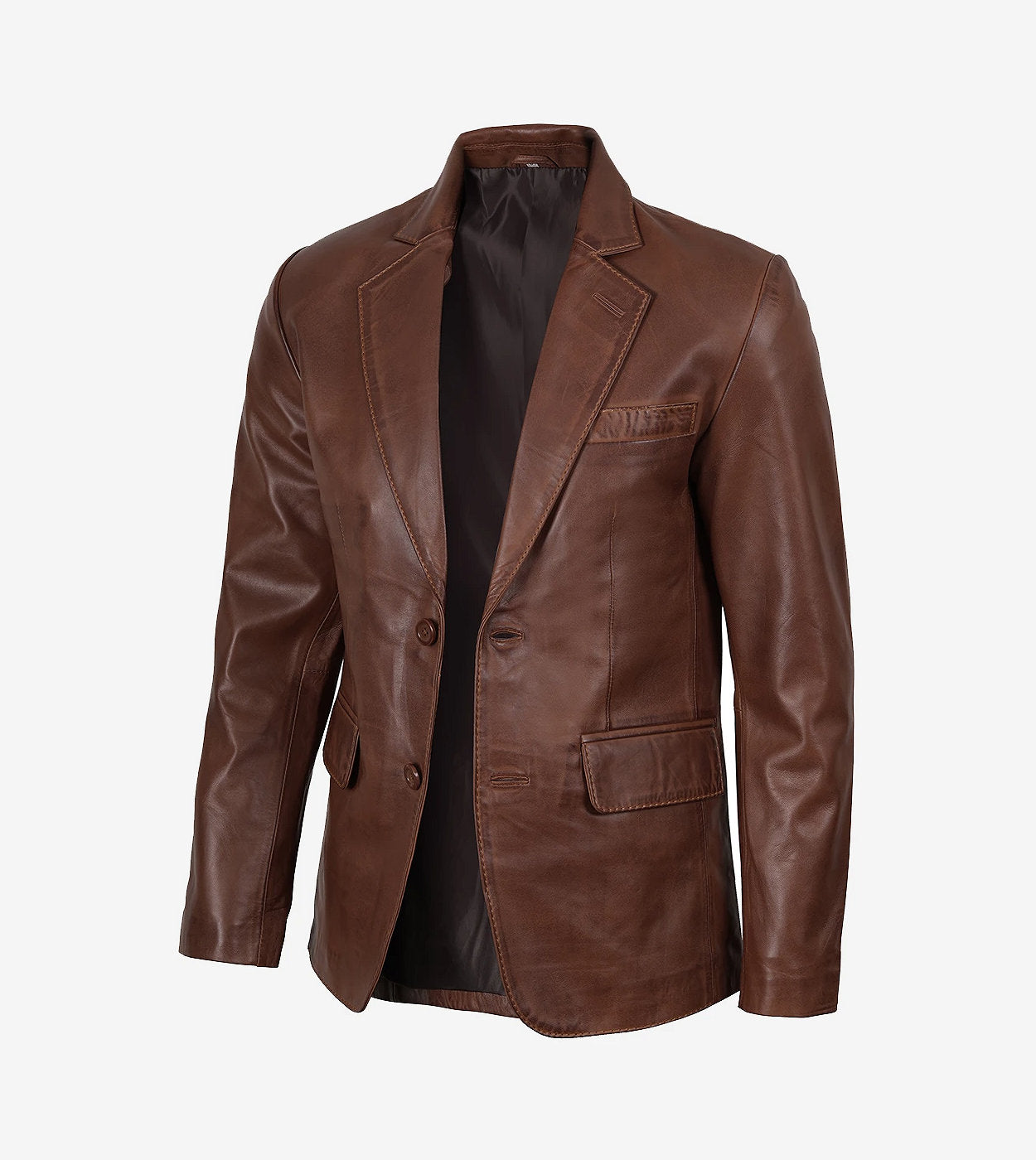 Mens Two Button Cognac Waxed Leather Blazer - Notch Lapel