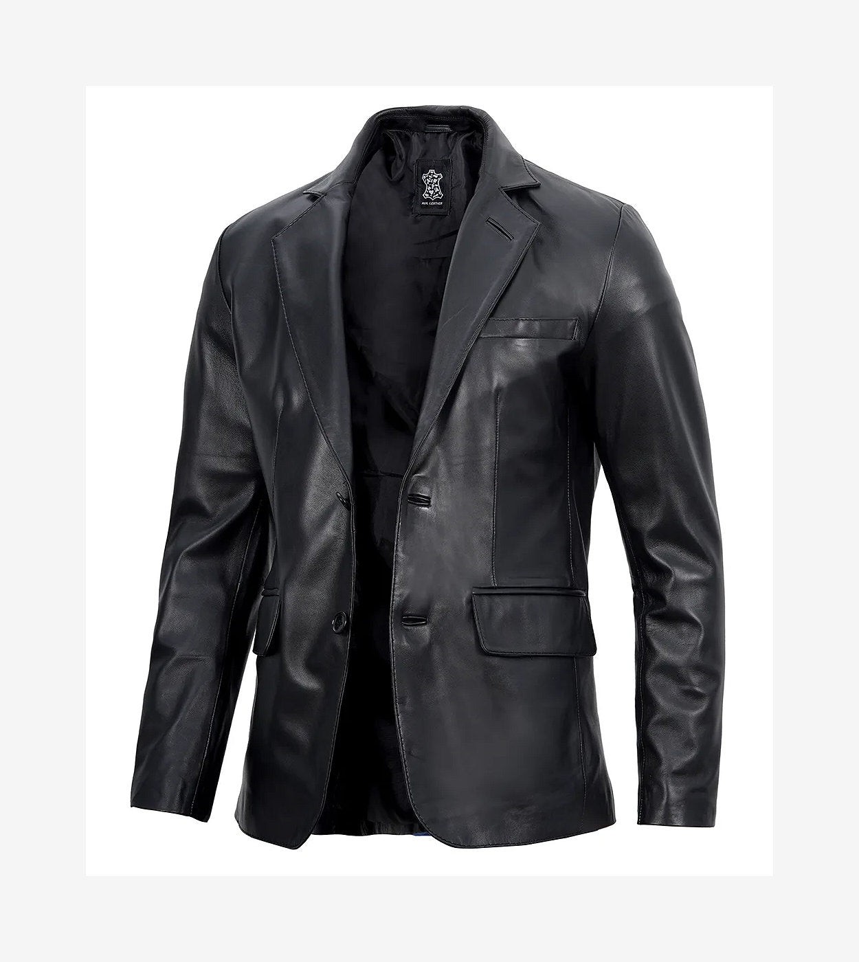 Mens Two Button Notch Lapel Black Leather Blazer
