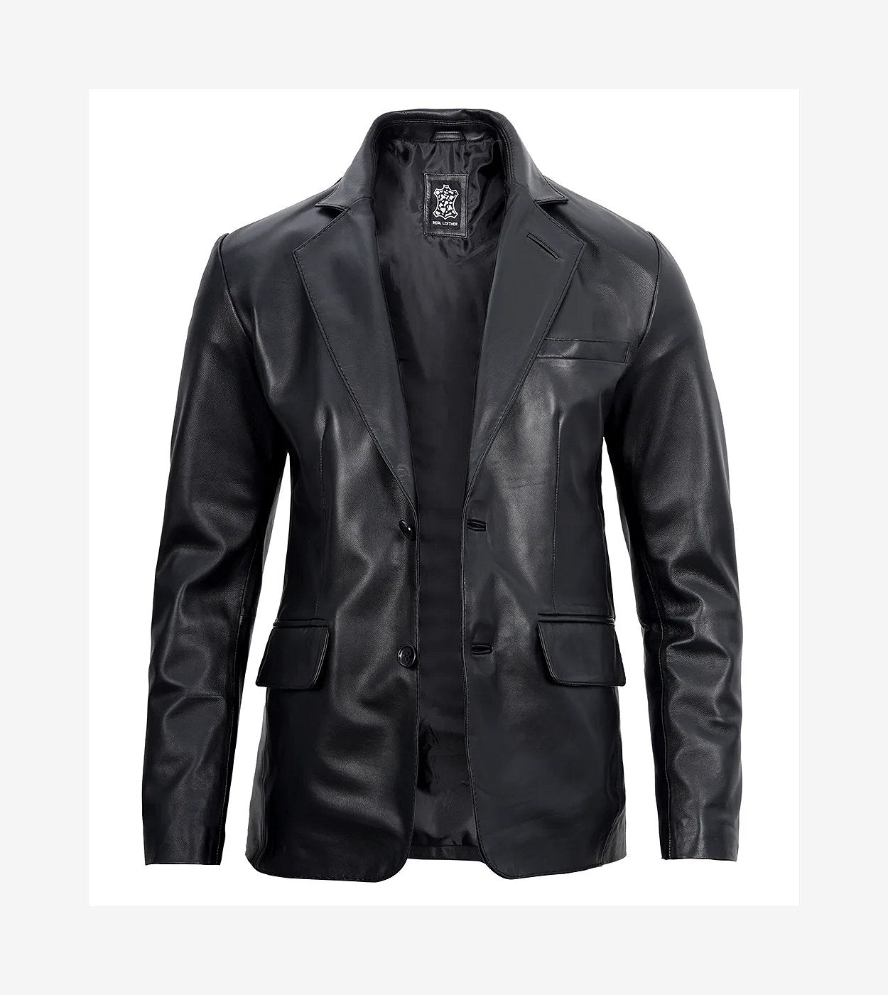 Mens Two Button Notch Lapel Black Leather Blazer