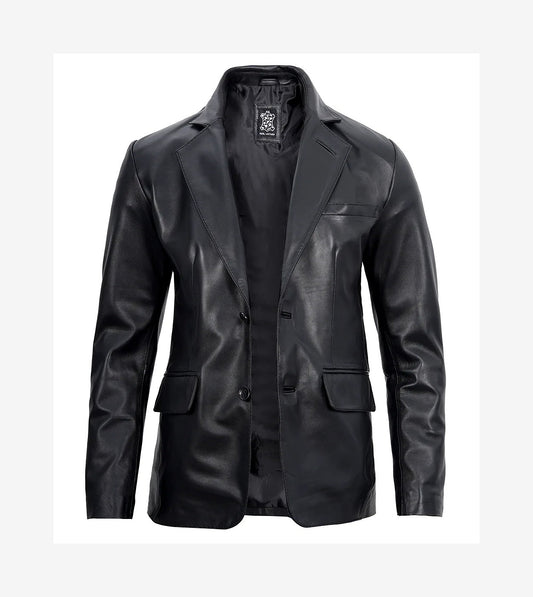 Mens Two Button Notch Lapel Black Leather Blazer
