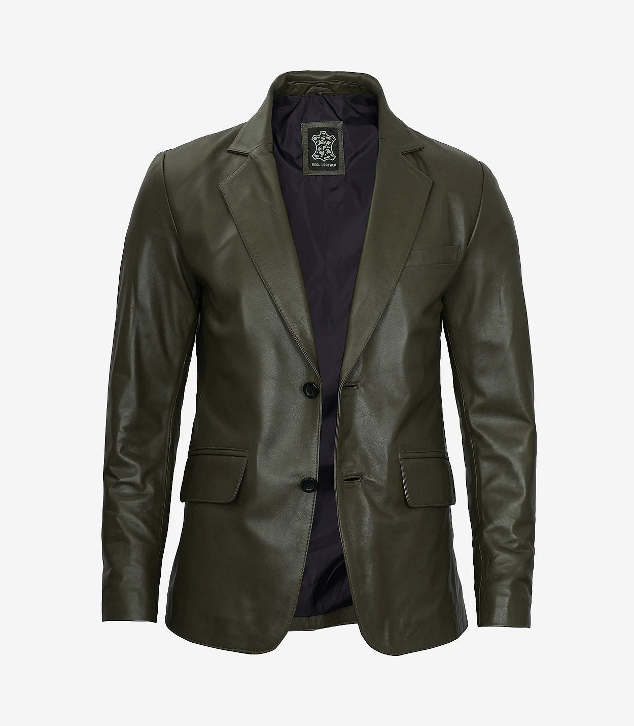 Mens Two Button Olive Green Leather Blazer