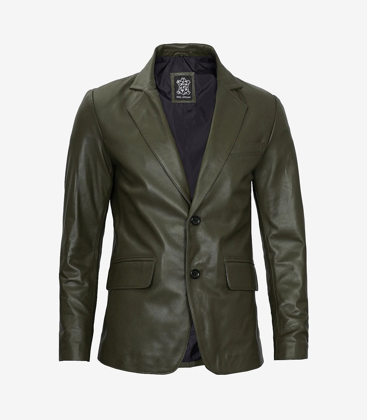 Mens Two Button Olive Green Leather Blazer