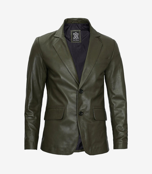Mens Two Button Olive Green Leather Blazer