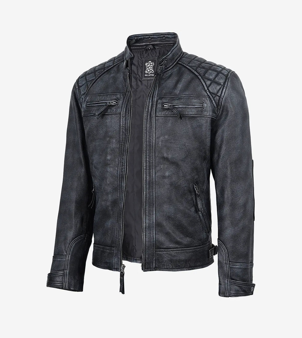 Mens Washed Leather Distressed Black Jacket