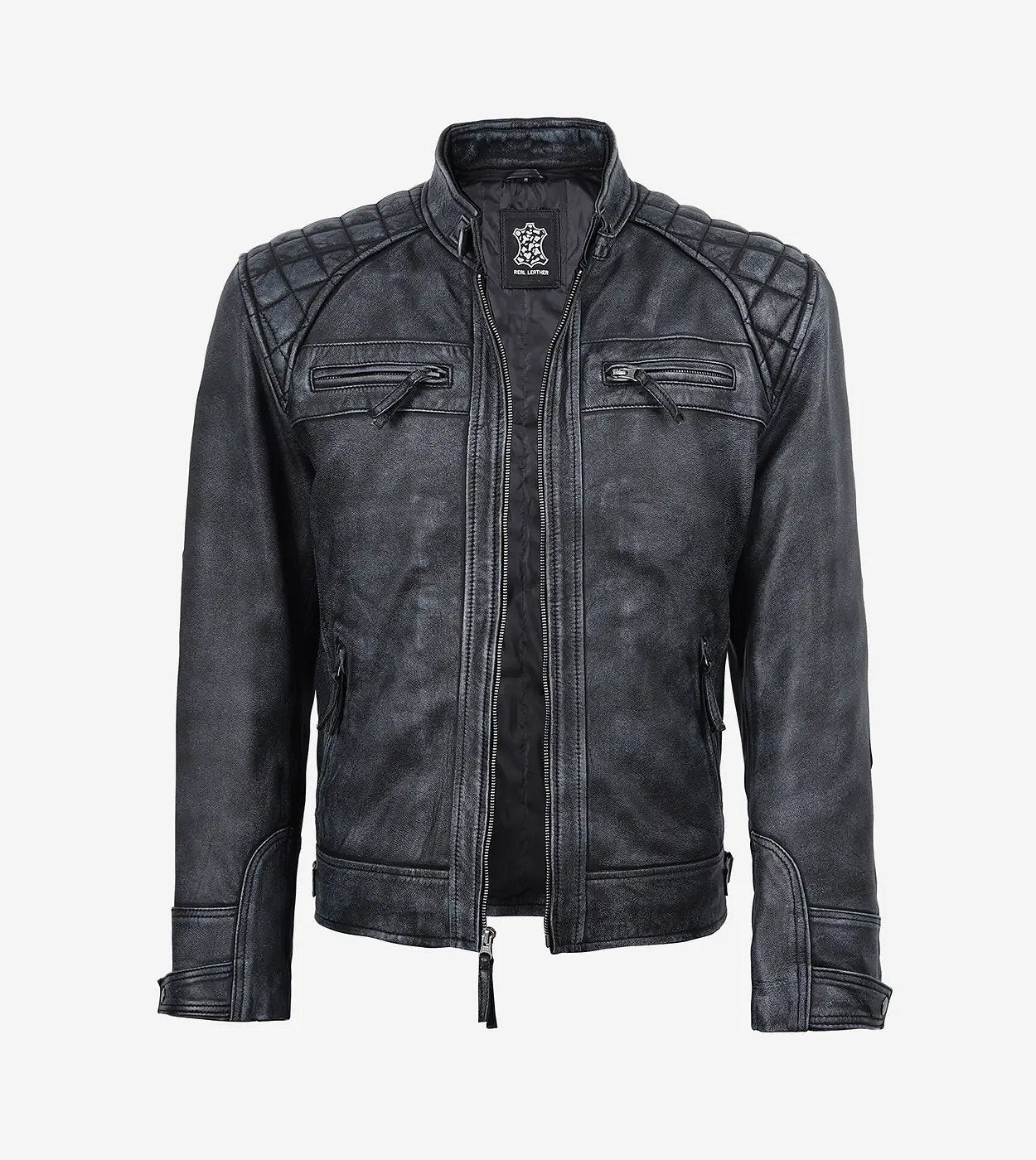 Mens Washed Leather Distressed Black Jacket