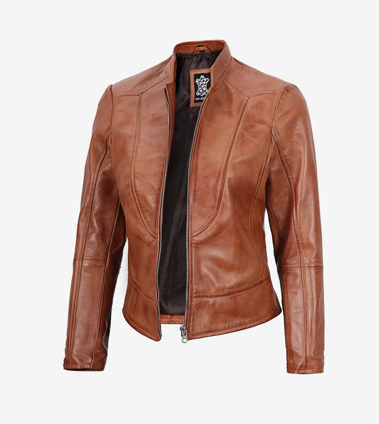Montana Womens Tall Biker Tan Leather Jacket