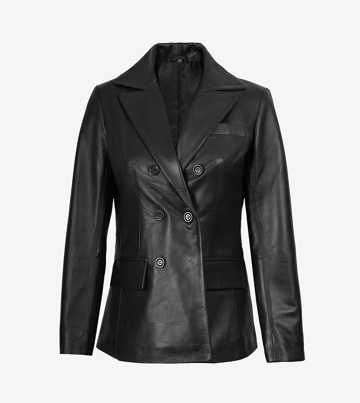 Notch Lapel Collar Double Breasted Black Leather Coat Women