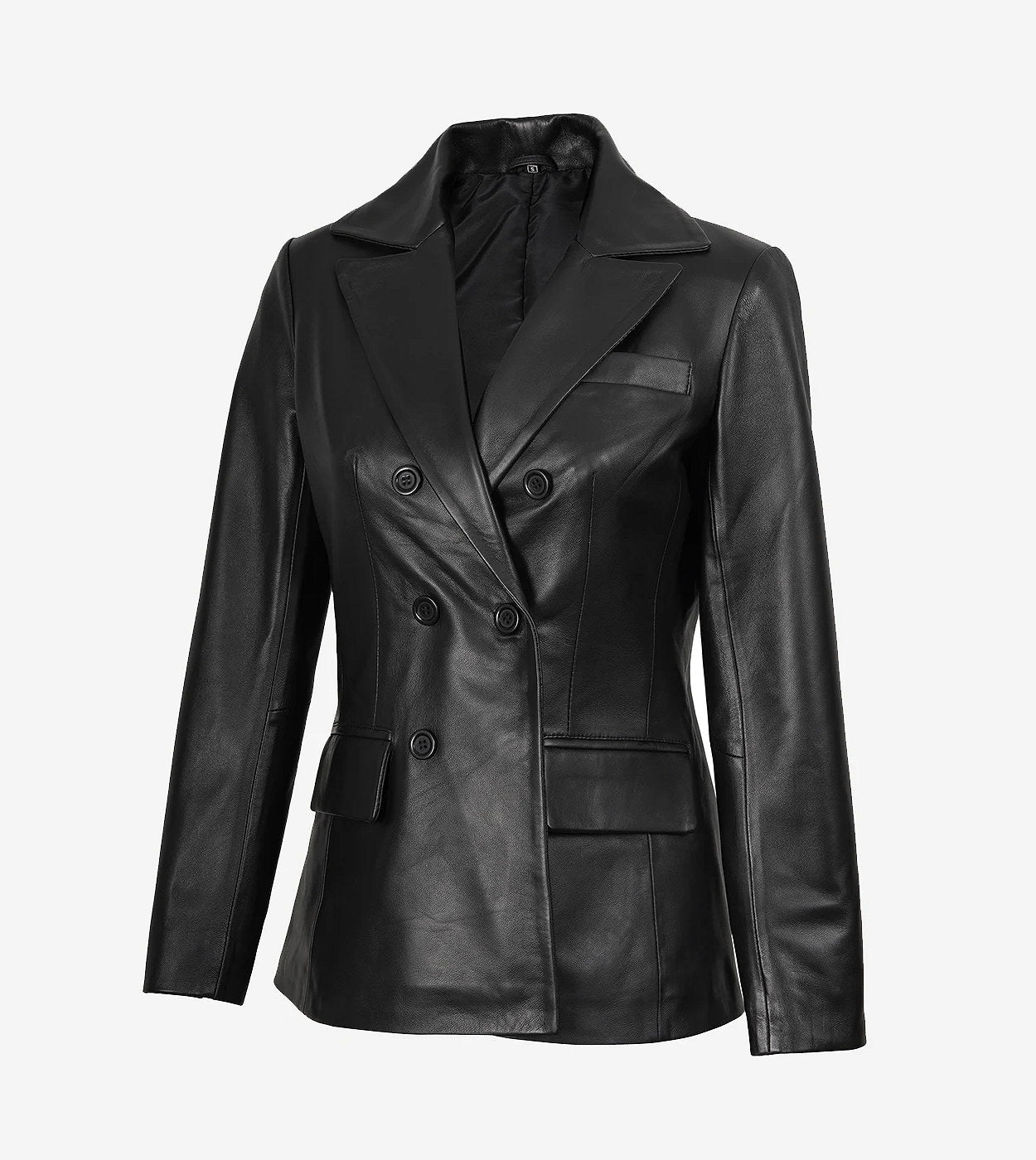 Notch Lapel Collar Double Breasted Black Leather Coat Women