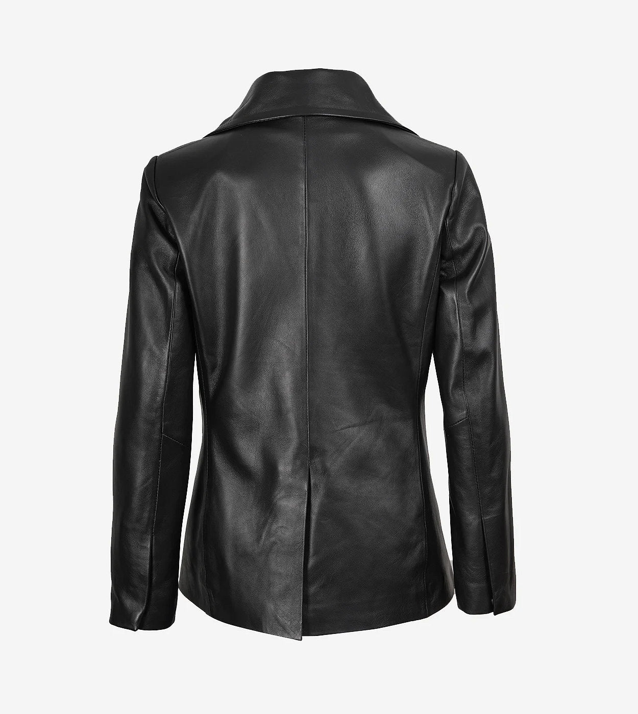 Notch Lapel Collar Double Breasted Black Leather Coat Women