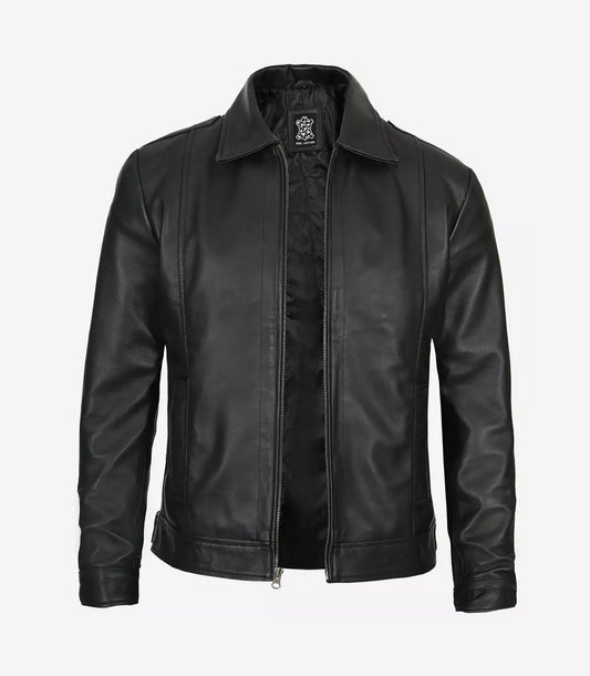 Reeves Men'S Shirt Collar Black Harrington Leather Jacket