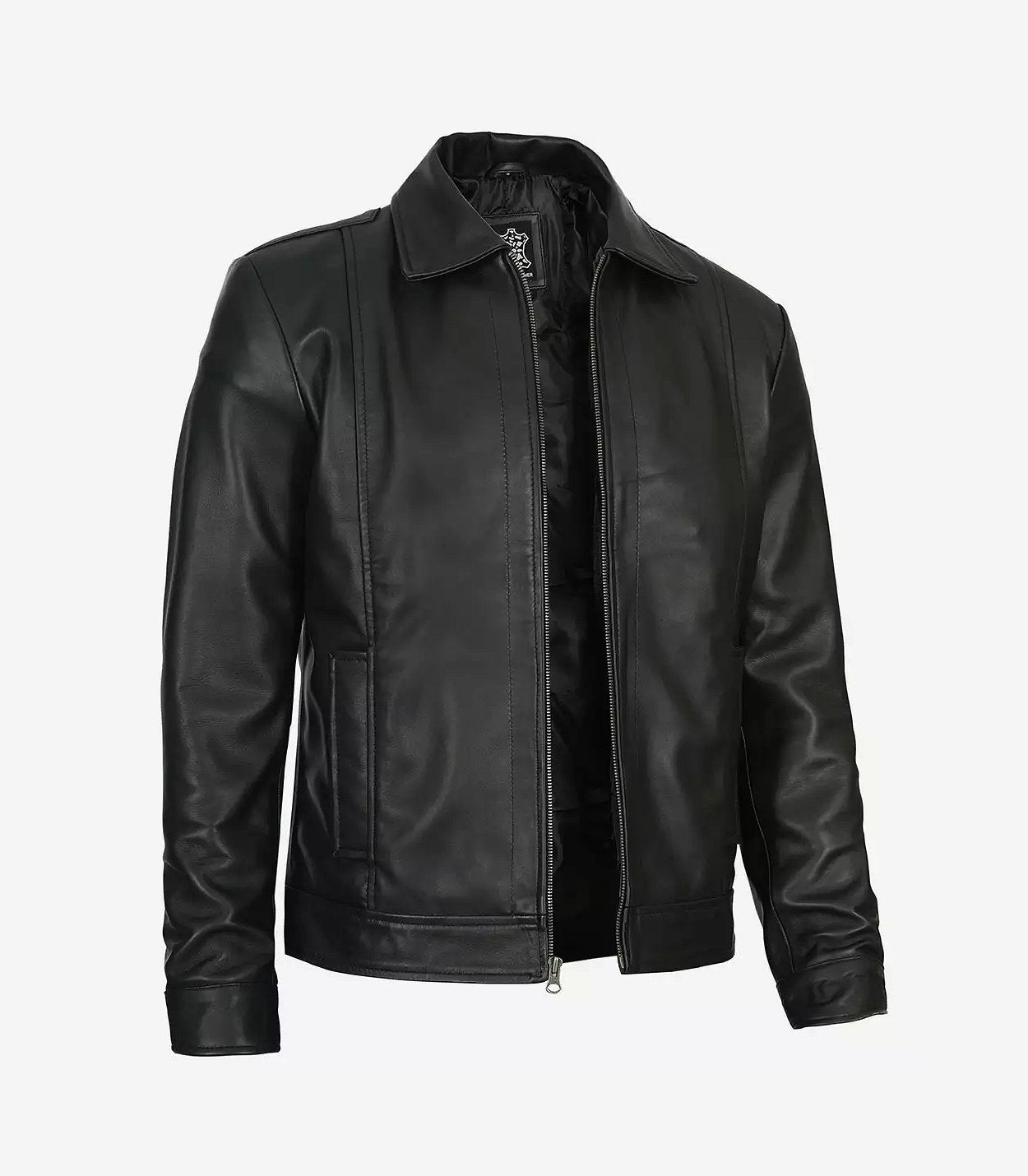 Reeves Men'S Shirt Collar Black Harrington Leather Jacket