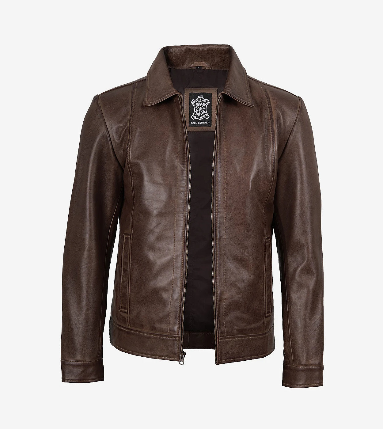 Reeves Mens Shirt Collar Brown Leather Jacket