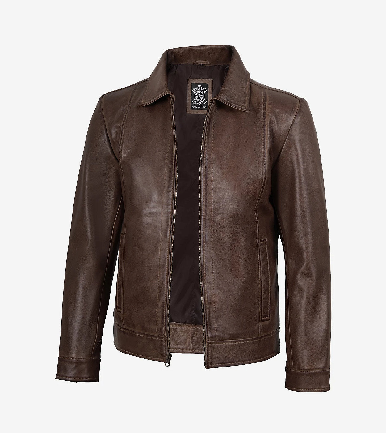 Reeves Mens Shirt Collar Brown Leather Jacket
