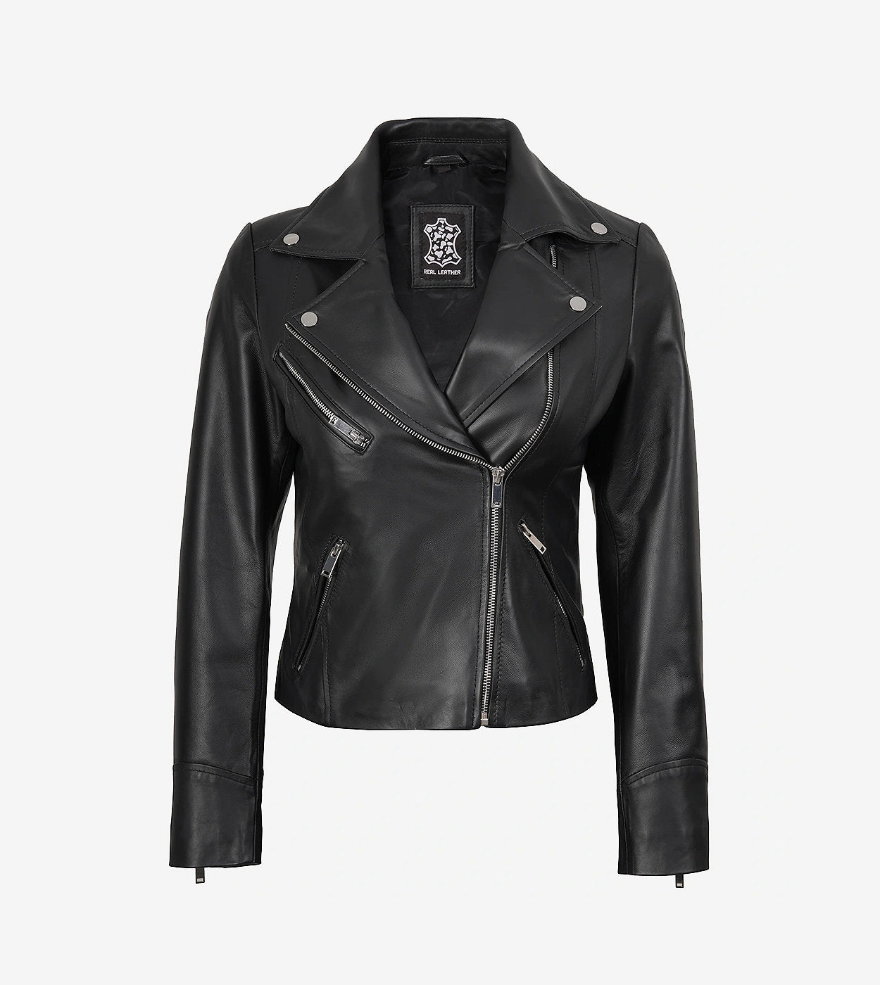 Rita Womens Asymmetrical Black Leather Biker Style Jacket