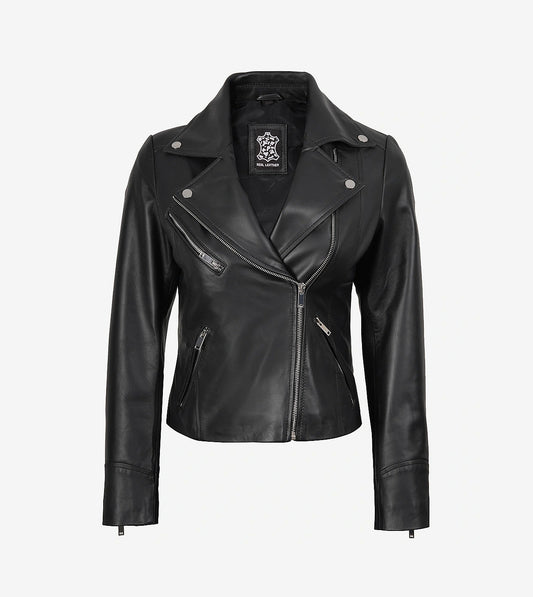 Rita Womens Asymmetrical Black Leather Biker Style Jacket